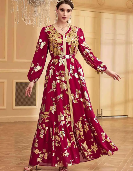 Red Flowered Moroccan Caftan Dress