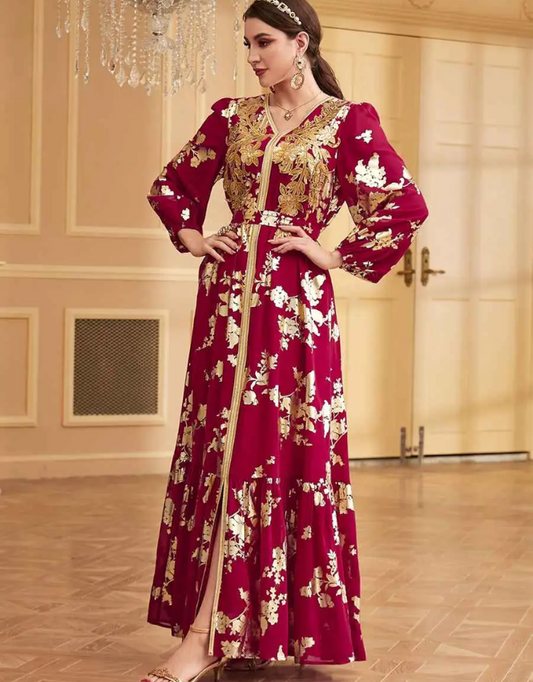 Red Flowered Moroccan Caftan Dress