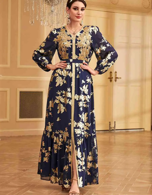 Black flowered Moroccan Caftan Dress