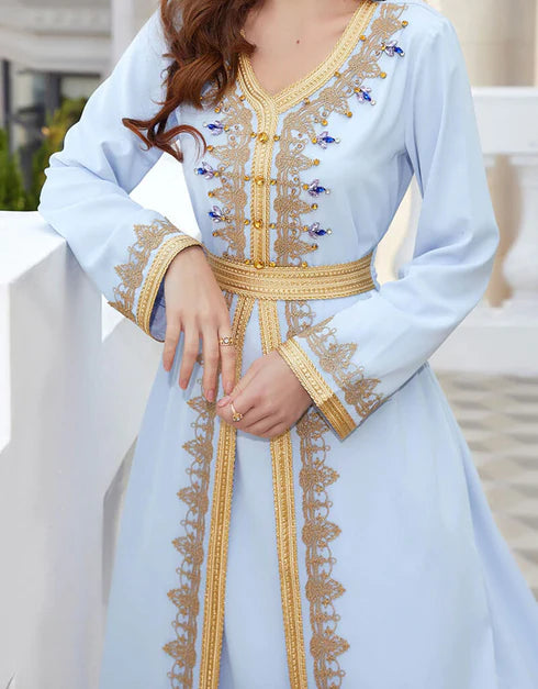 Elegant Moroccan Abaya Kaftan – Light Blue Evening Dress for Women