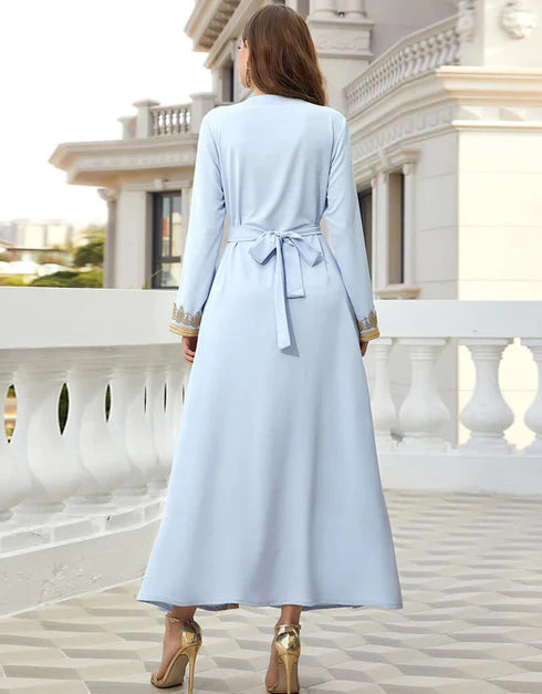 Elegant Moroccan Abaya Kaftan – Light Blue Evening Dress for Women