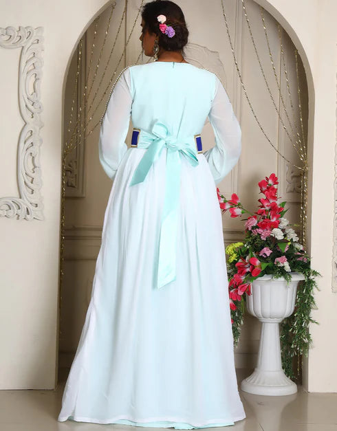 Mint Green Georgette Moroccan Kaftan with Stone Embroidery